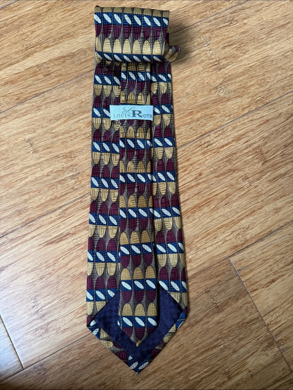 (7t) Louis Roth Handmade 100% Silk Burgundy Blue Gold Geometric Abstract tie